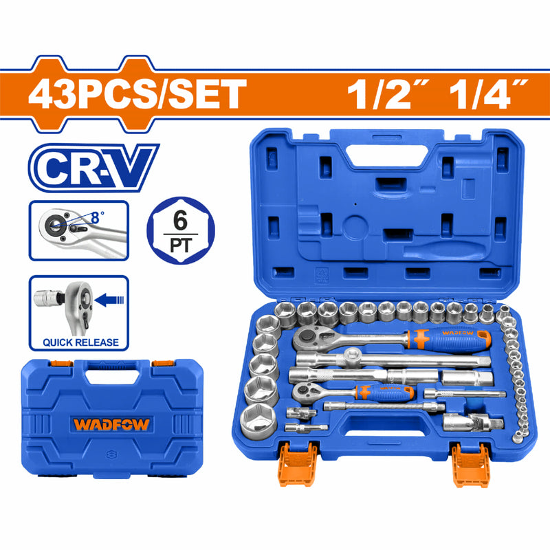 Ratchet con Socket de 43 piezas 1/4" y 1/2" 45 dientes CR-V. Tratamiento térmico. Cromado. 50BV30 Se vende en Juego. Con maletin