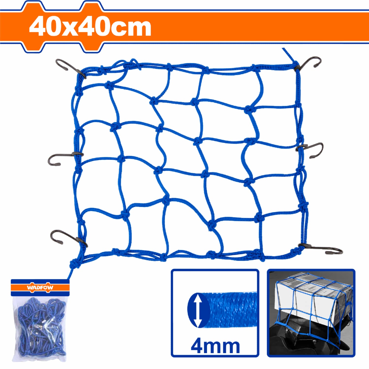 Red malla de carga 40x40cm Diámetro de la cuerda: 4mm. Cuenta con 6 ganchos electroforéticos. Ideal para carga en motos.