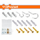 Tornillos para aglomerado, anclajes de plástico, ganchos de tornillo y colgador de cuadros. Acero al carbono galvanizado. Set de 113 piezas.