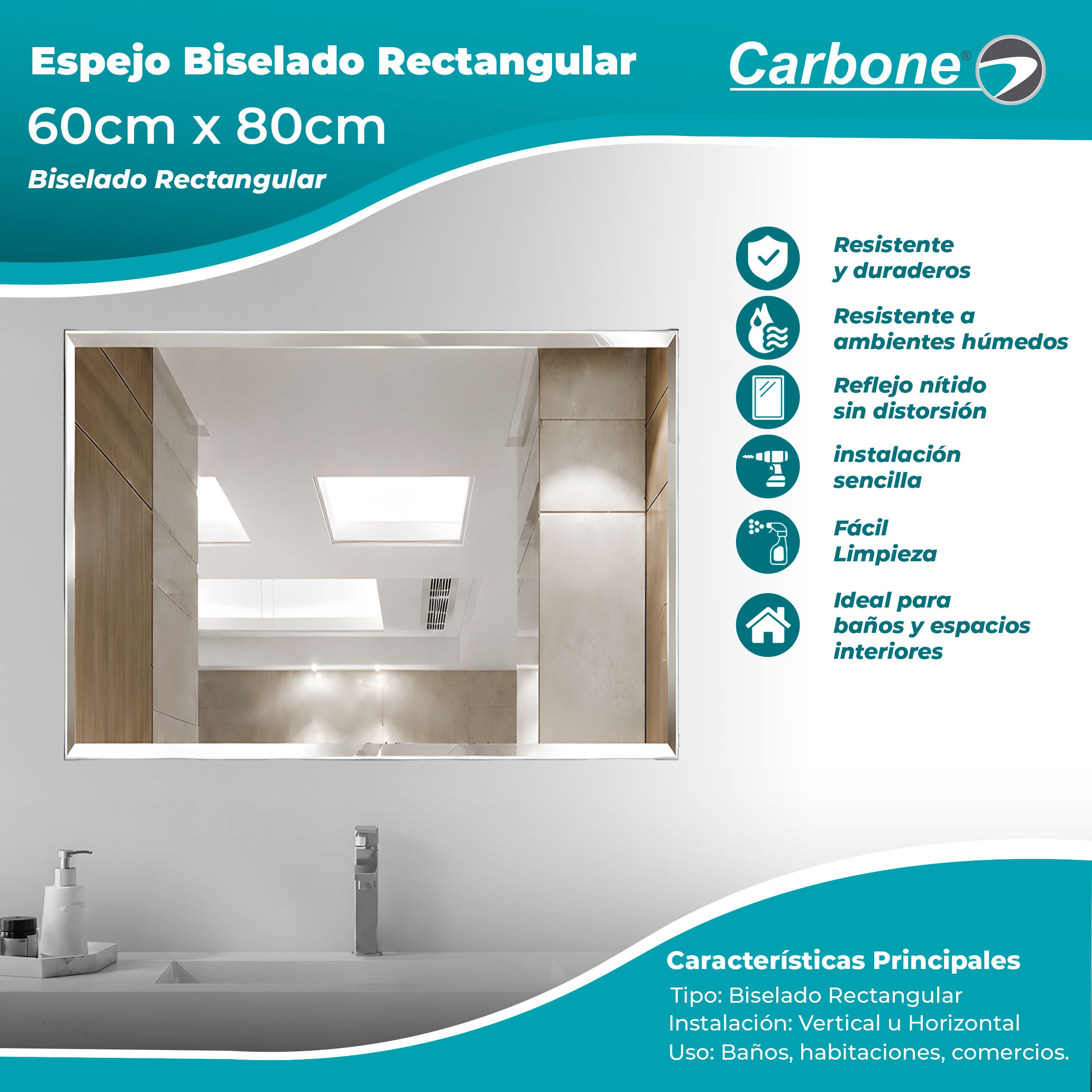 Espejo Biselado rectangular 60 cm X 80 cm instalación Vertical y Horizontal