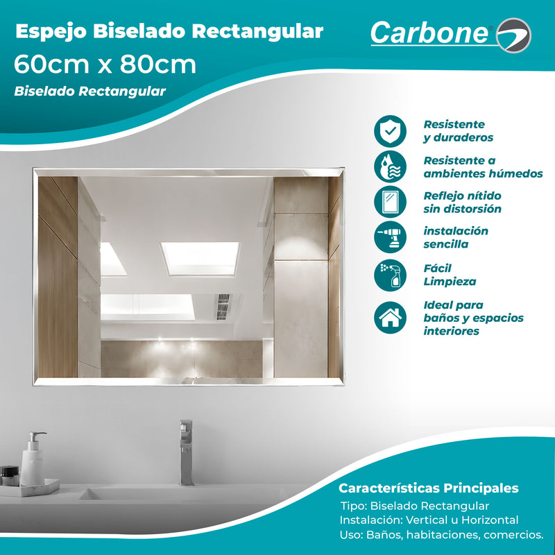 Espejo Biselado rectangular 60 cm X 80 cm instalación Vertical y Horizontal