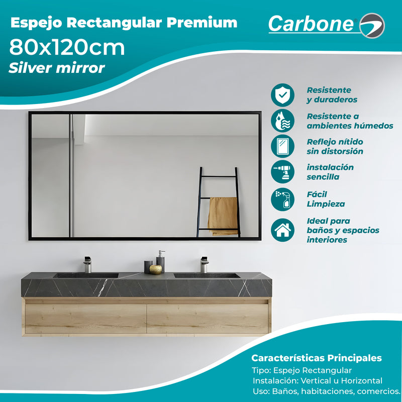 Espejo rectangular Marco Negro 80 cm X 120 cm instalación Vertical y Horizontal