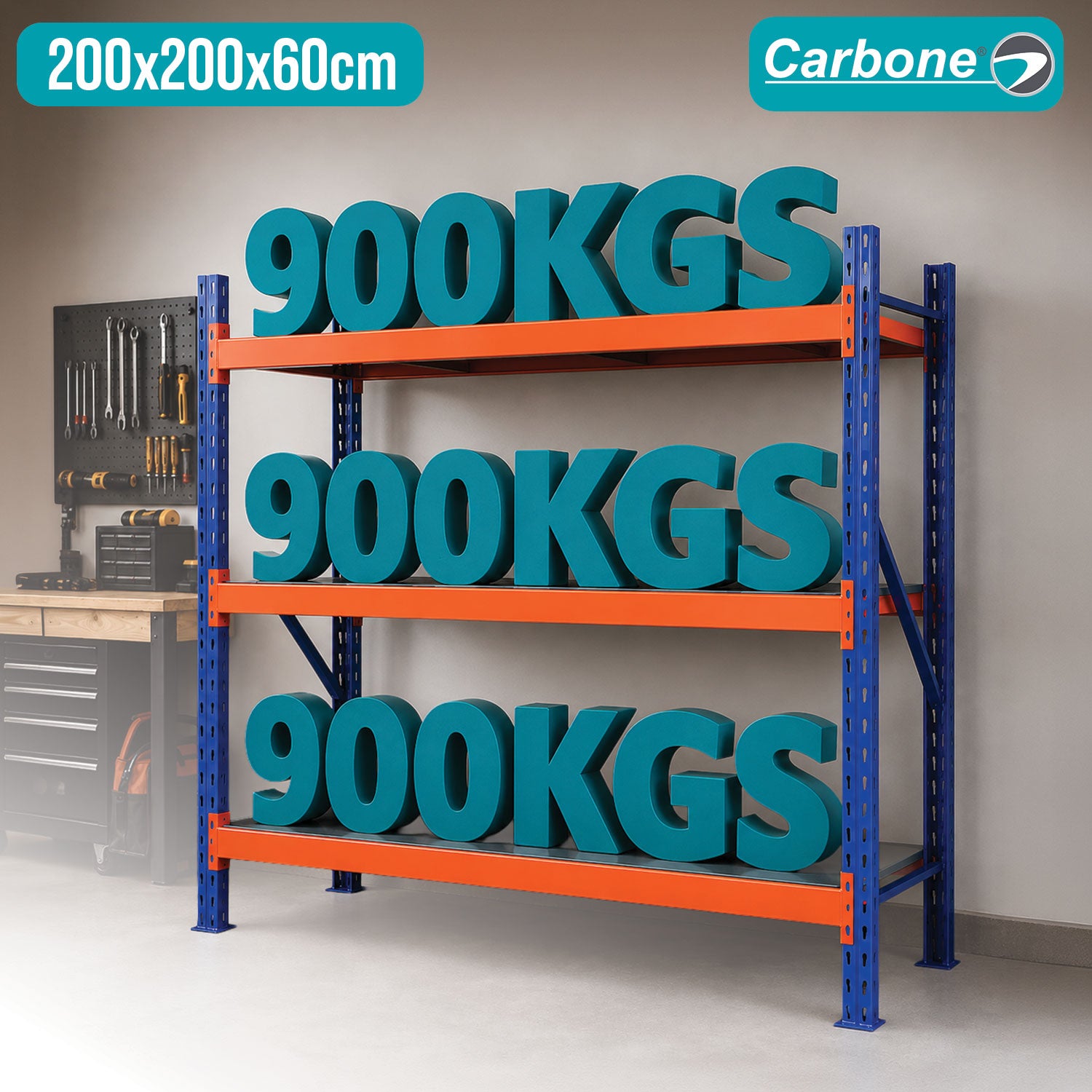 Estantería Metálica Industrial de 3 Niveles (200x200x60cm).  Estante Rack de almacenamiento Reforzado con Capacidad de 900Kg por Nivel.