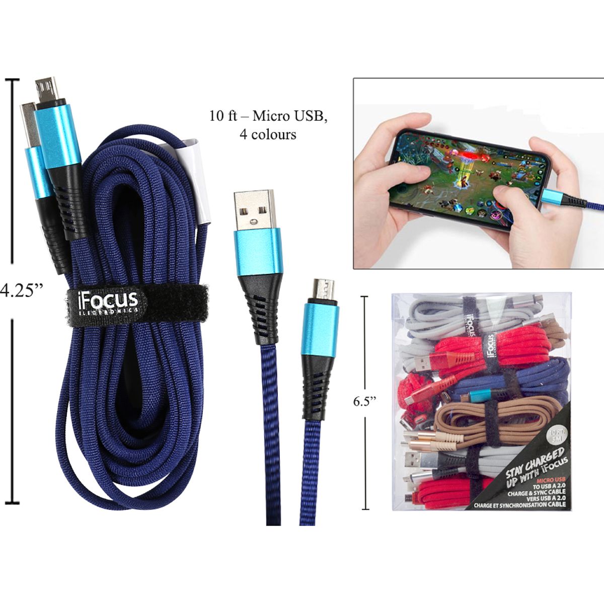 iFocus 10ft Micro USB Data cbl4C, correa de velcro, paquete (HZ)