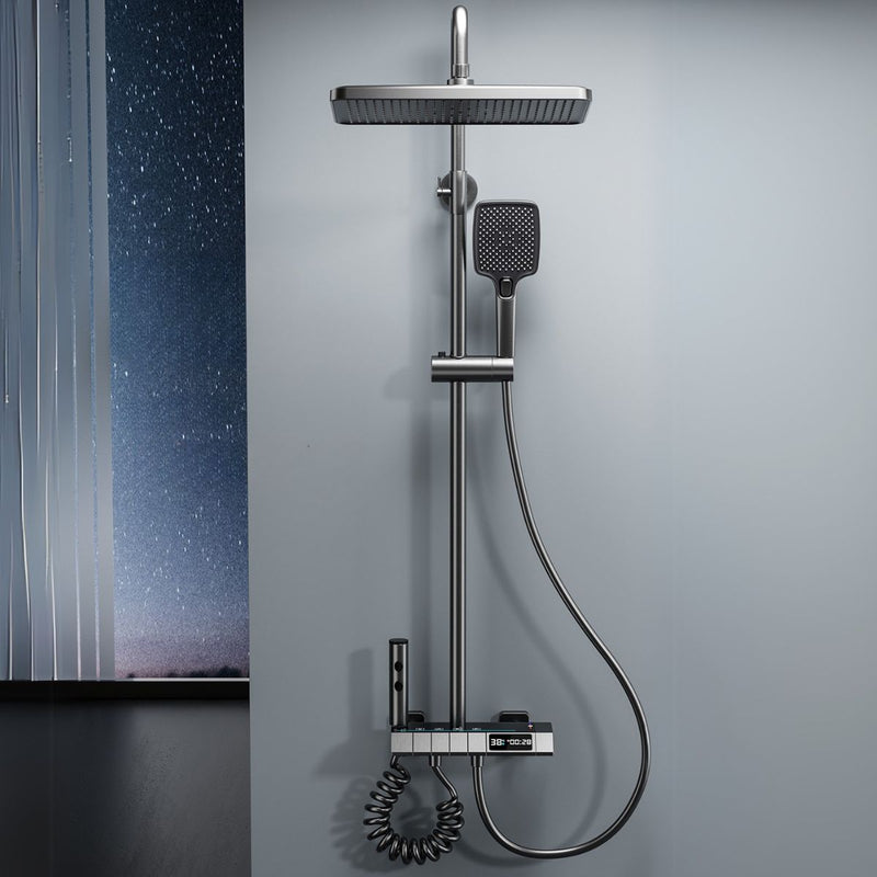 Ducha inteligente tipo lluvia. Set de regadera y ducha de mano con pantalla y termostato integrado. Color Gris metalizado.