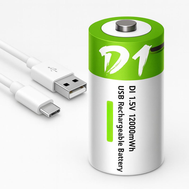 Batería tipo D Recargable Con Carga USB-C, 1.5V 12000mWh. Unidad Con 1200 Ciclos De Vida.