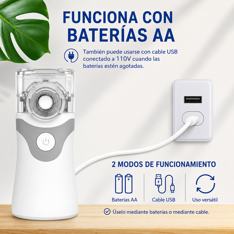 Nebulizador Portátil. Inhalador De Mano Silencioso Para Asma, Tos, Resfriado y Alergias. Alimentación: 2 pilas AA o tambien mediante cable USB Tipo C directo al 110V