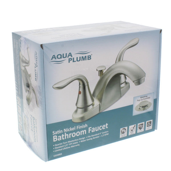 Grifo y drenaje de lavamanos mezclador de 2 mandos con acabado en níquel satinado. 1.5 GPM.