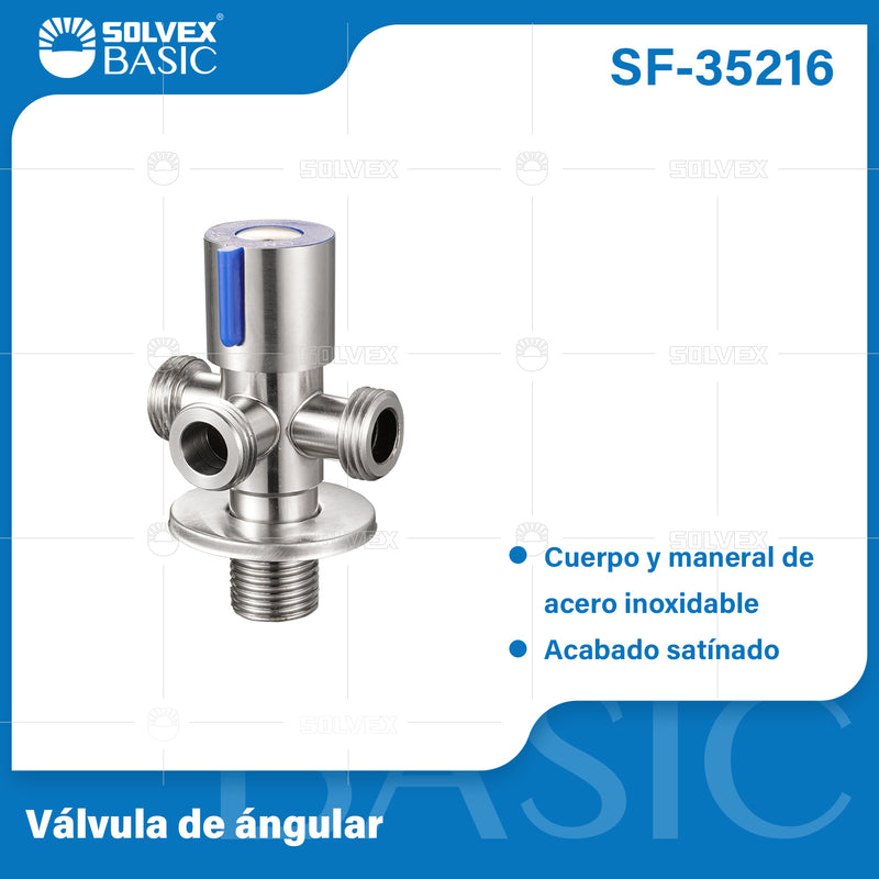 Llave de Ángulo Triple para Lavamanos y fregadores. Válvula Satinada en Acero Inoxidable.