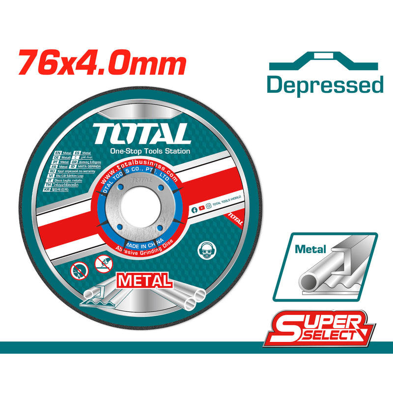 Disco de desbaste 3" para metal abrasivo. 76mm(3")x4.0mm(5/32")x10mm(25/64"). Centro Hundido.