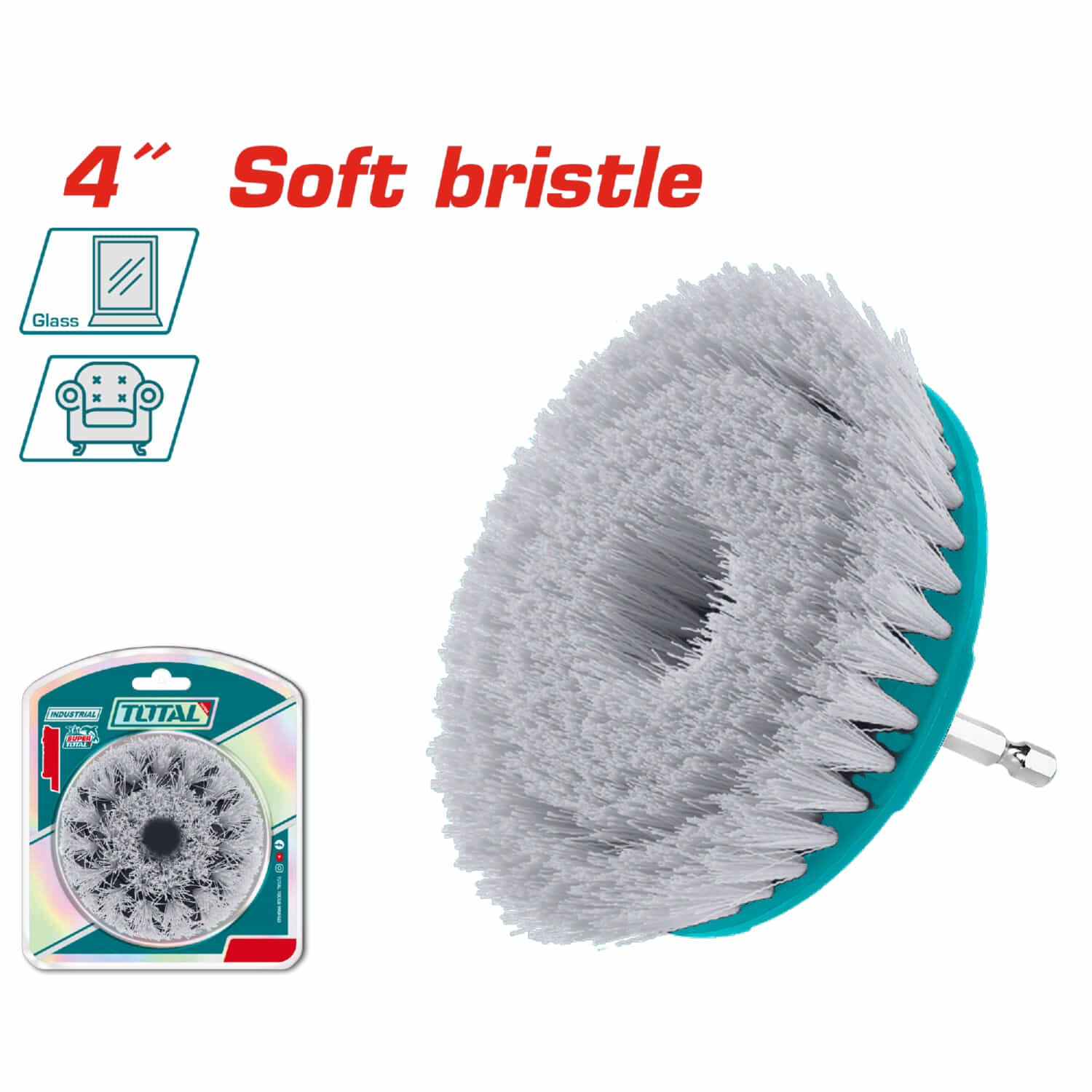 Cepillo de cerdas suaves 4" Ideal para: Vidrio, plástico, laminado, pisos. Vástago 1/4" hexagonal.  Para drill