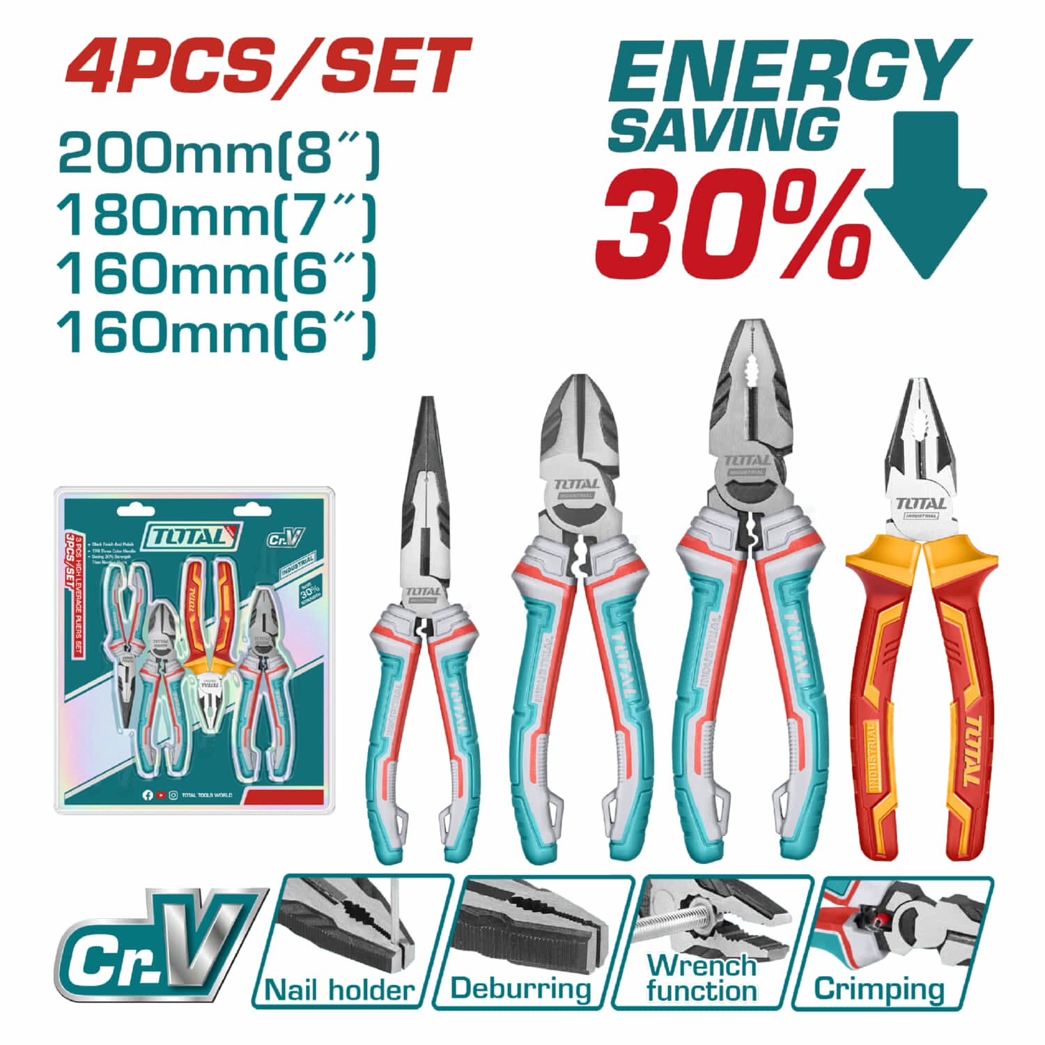 Alicates de Combinacion 8", Punta larga de 6",corte diagonal de 6" , combinación aislado 7" Set de 4 piezas. Salva 30% de fuerza.