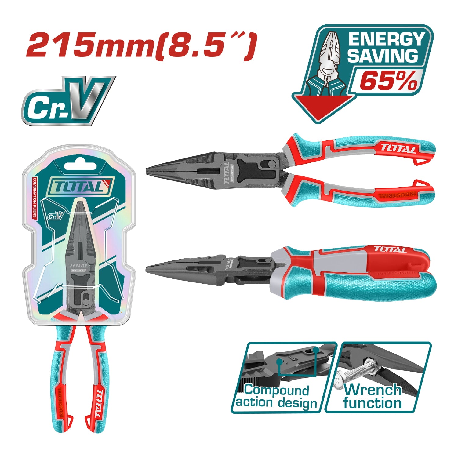 Alicate de punta larga de acción compuesta 8.5"/215mm Cr-V. 65% ahorro de energía. Mango ergonómico