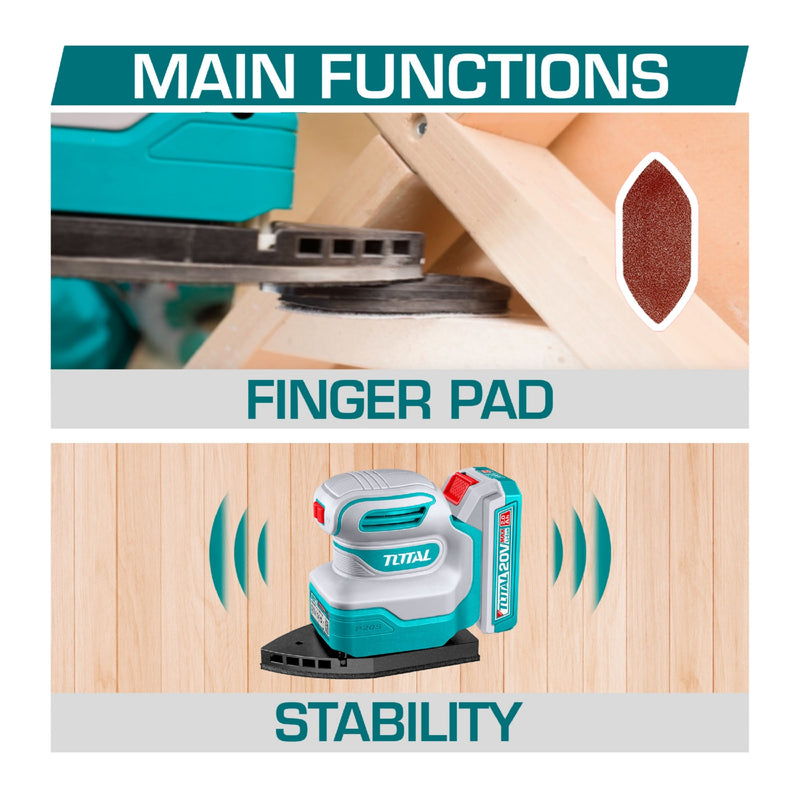 Lijadora delta triangular orbital de Mano Inalámbrica 20V 12000rpm. de palma Incluye 3 hojas. Batería y cargador por separado. Super Total