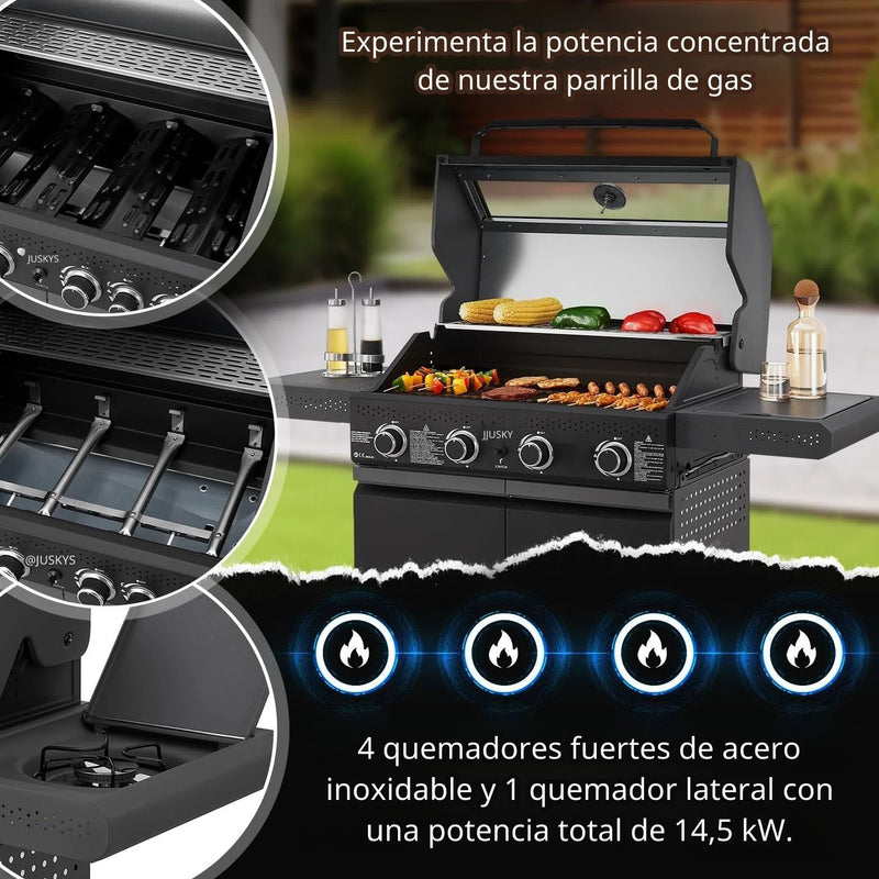 Parrilla BBQ de Gas con Ventana de Vidrio 122x45x116cm de Hierro con 4 Quemadores. Asador a Gas