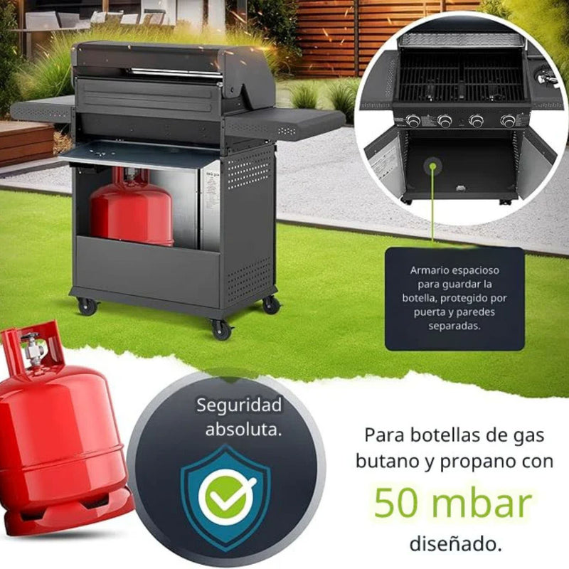 Parrilla BBQ de Gas con Ventana de Vidrio 122x45x116cm de Hierro con 4 Quemadores. Asador a Gas