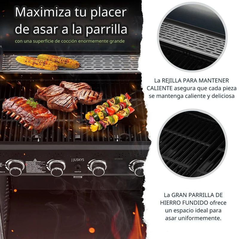 Parrilla BBQ de Gas con Ventana de Vidrio 122x45x116cm de Hierro con 4 Quemadores. Asador a Gas