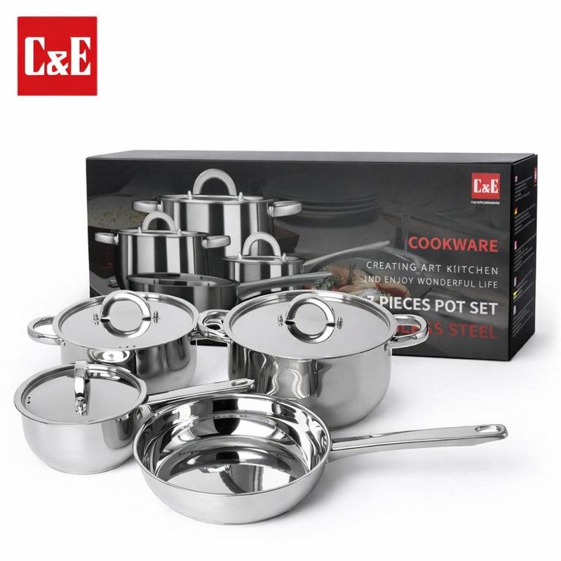 Ollas de Acero Inoxidable. Acabado Brillante Set de 7 Piezas. Color Plateado 100% libre de teflon