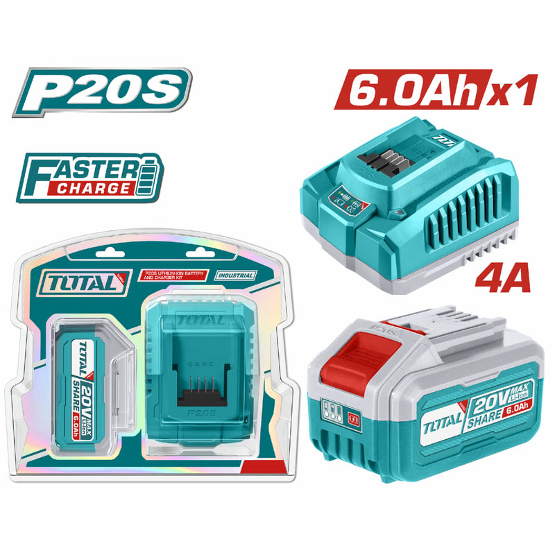 Combo del mes Total 20V Batería de 6.0Ah con indicador LED y Cargador Rápido de 4A compatible con Herramientas Inalámbricas POCAS UNIDADES.