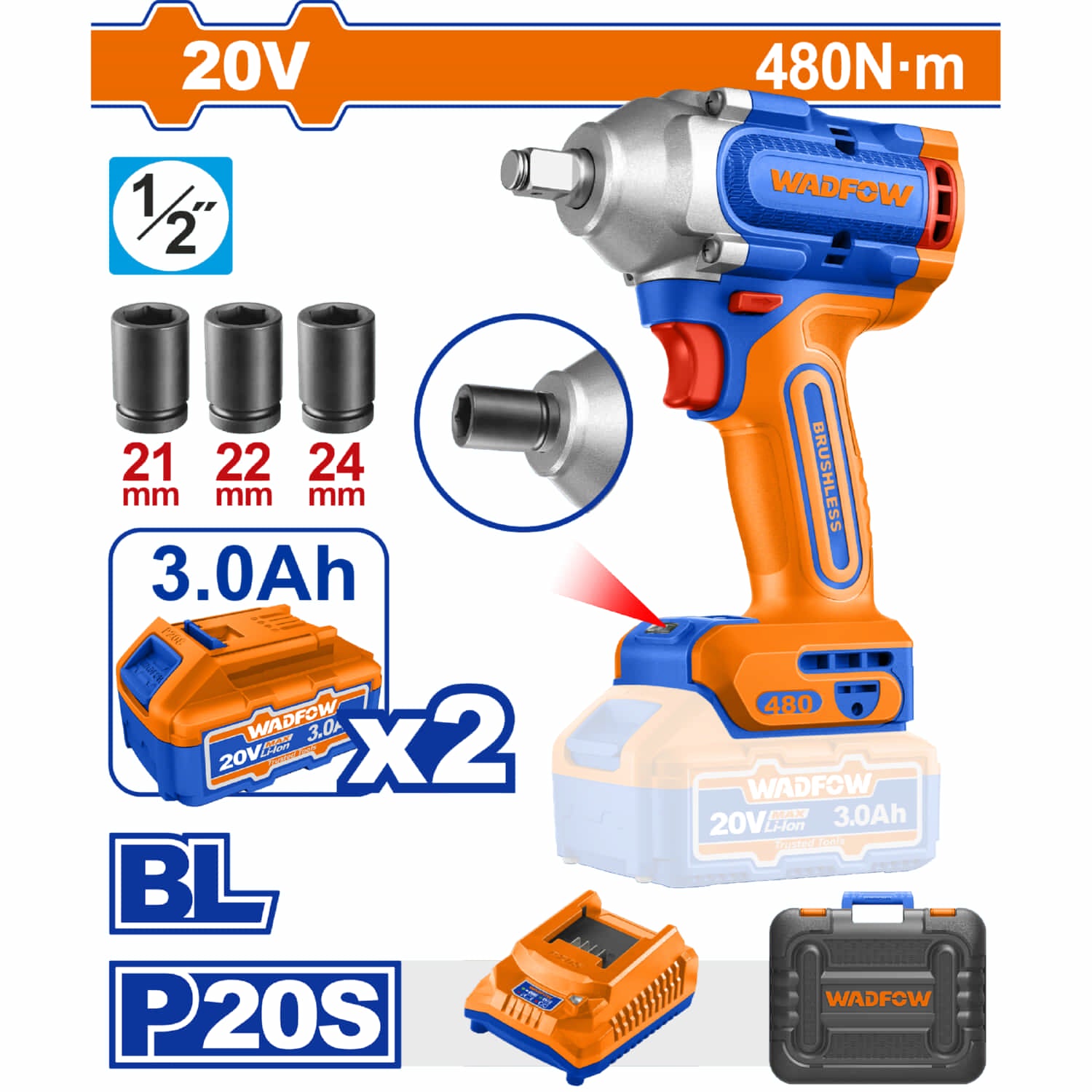 Llave Impacto Dado Cuadrado 1/2" 20V 480Nm. Motor sin escobillas. Incluye Batería, cargador, sockets y maletín.