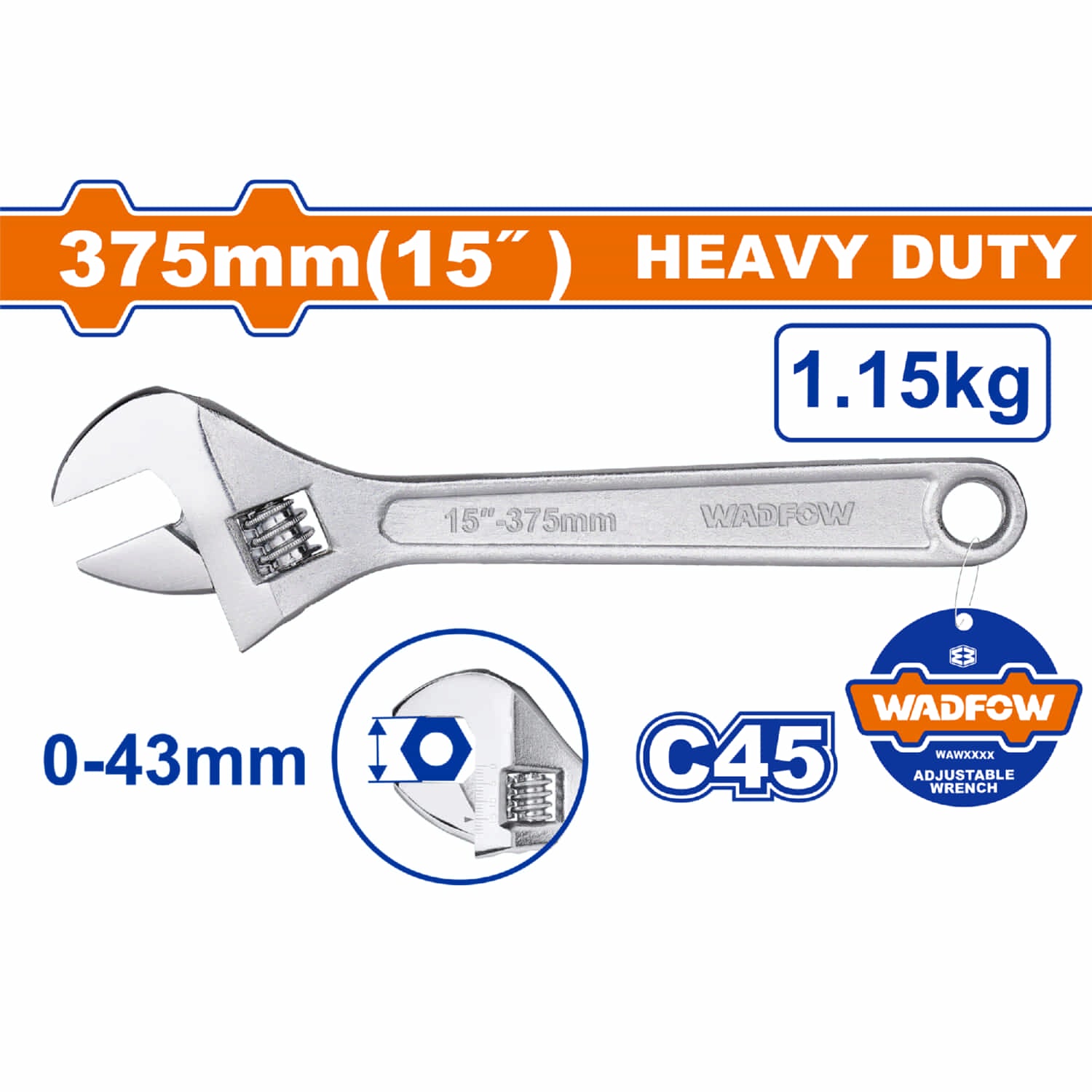 Llave ajustable 15" Ajustable 0-44mm. Tratamiento térmico. Acero al Carbono. Tuerca