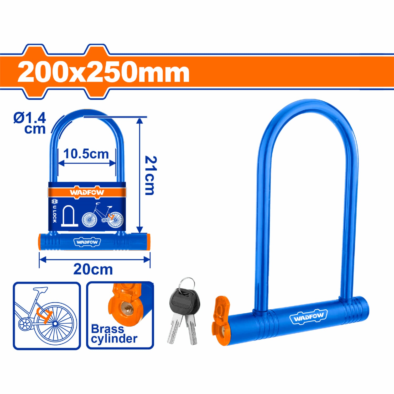 Candado en U para bicicleta 200x250mm. Cilindro Latón. Funda PVC. Incluye 2 llaves. Cadena