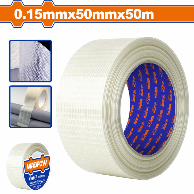 Cinta Adhesiva de Filamento de Fibra de Vidrio Transparente 50mm x 50m. Alta Resistencia, Adhesión Fuerte, Resistente a Corrosión y Ácidos. Ideal para Empaque y Protección. Cinta Malla.