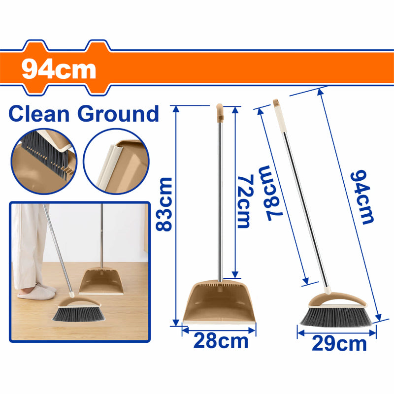 Escoba 94x29cm y recogedor 83x28cm. Tubo acero inoxidable y mango plástico. Set 2 piezas.