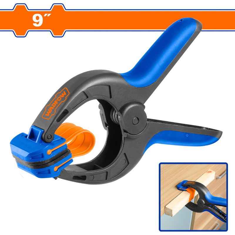 Abrazadera de resorte para sujeción 9". Cuerpo de plástico y fibra de vidrio. Mandíbulas de ABS. Pinza