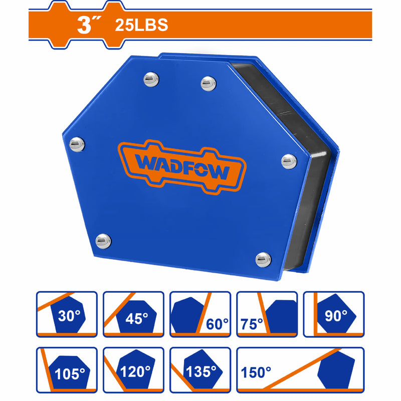 Soporte de soldadura escuadra magnética de 3". Ángulos: 30°, 45°, 60°, 75°, 90°, 105°, 120°, 135°, 150°. Imán y Acero. 25 lbs.