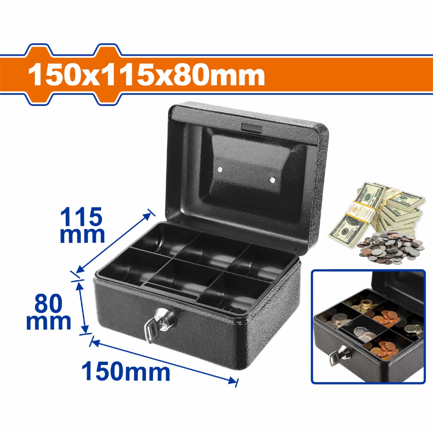Caja menuda chica de efectivo 5 bandejas con compartimentos para organizar billetes, monedas, cheques. Dimensiones externas (H*A*P): 6"x4.5"x3" (15x11.5x8cm) Apertura con llave.