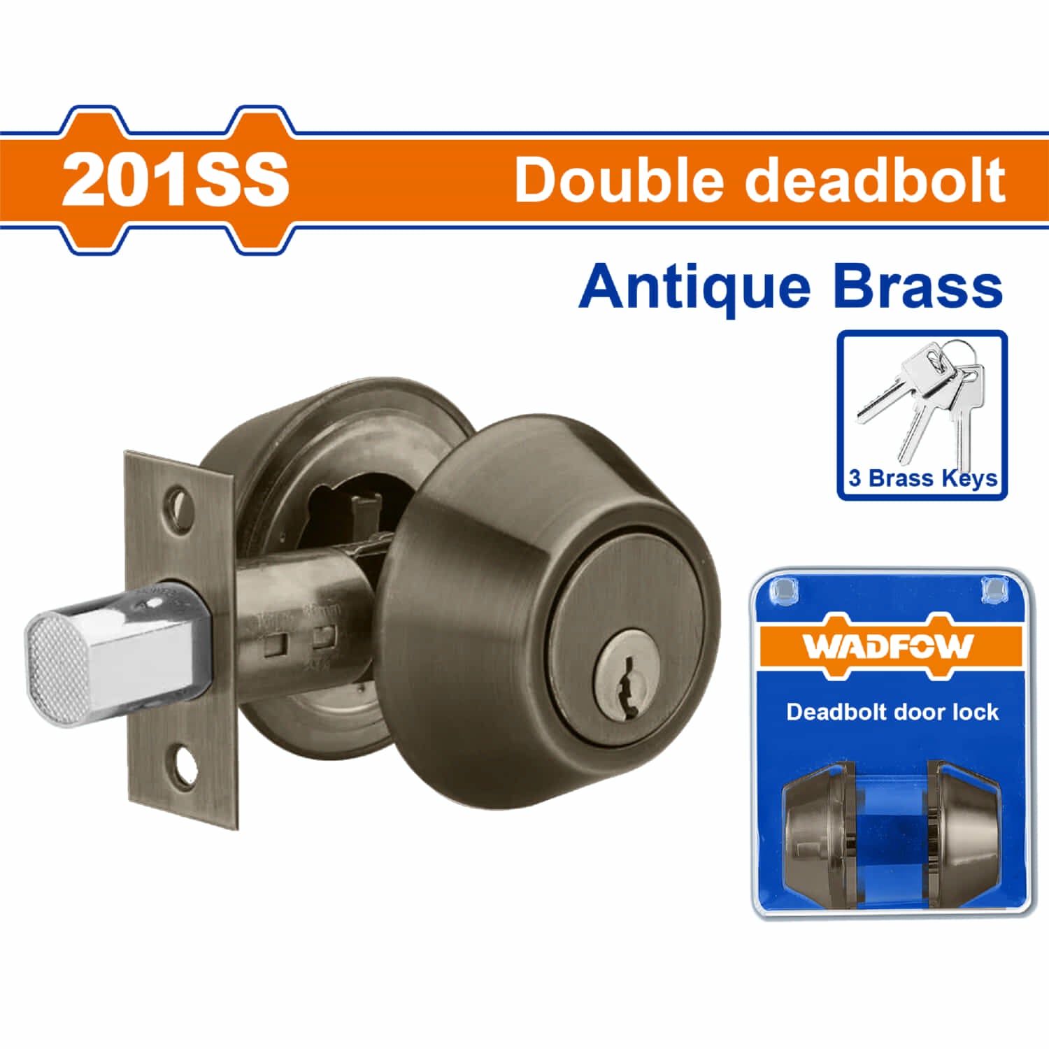 Cerradura de cerrojo de cilindro único 65mm latón antiguo. 3 llaves. Con llave ambos lados.