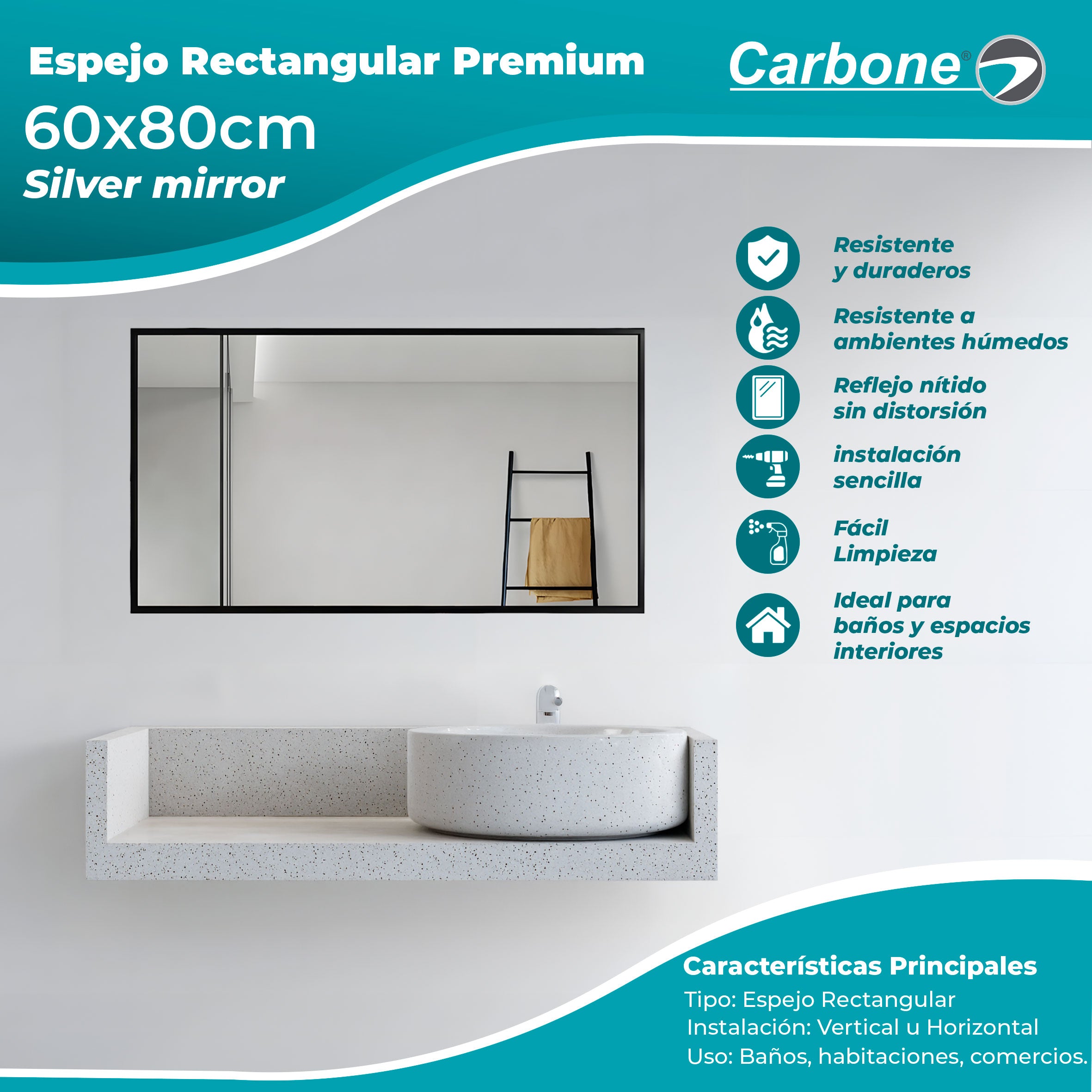 Espejo rectangular Marco Negro 60 cm X 80 cm instalación Vertical y Horizontal