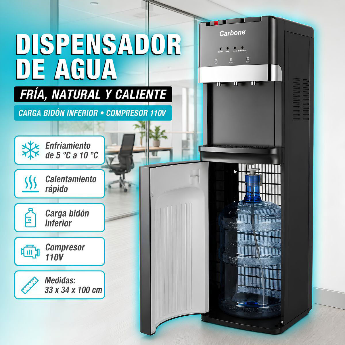 Dispensador de Agua Fría, natural y Caliente con Carga Bidón Inferior y Compresor 110V. Enfriamiento de 5°C a 10°C y Calentamiento Rápido 550W