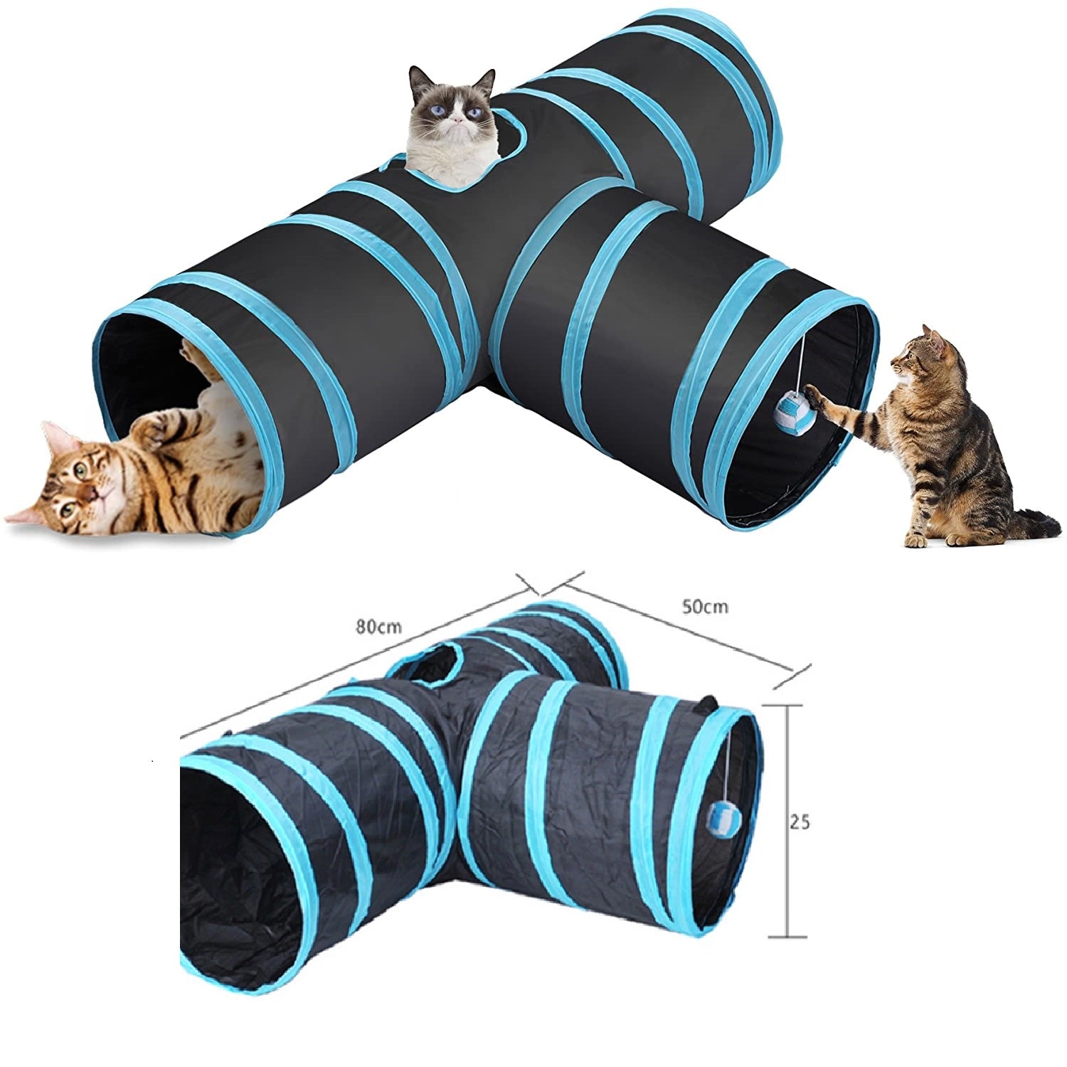 Juguete para Gato, Tunel plegable 80x50x25cm, Color Negro de Tela.