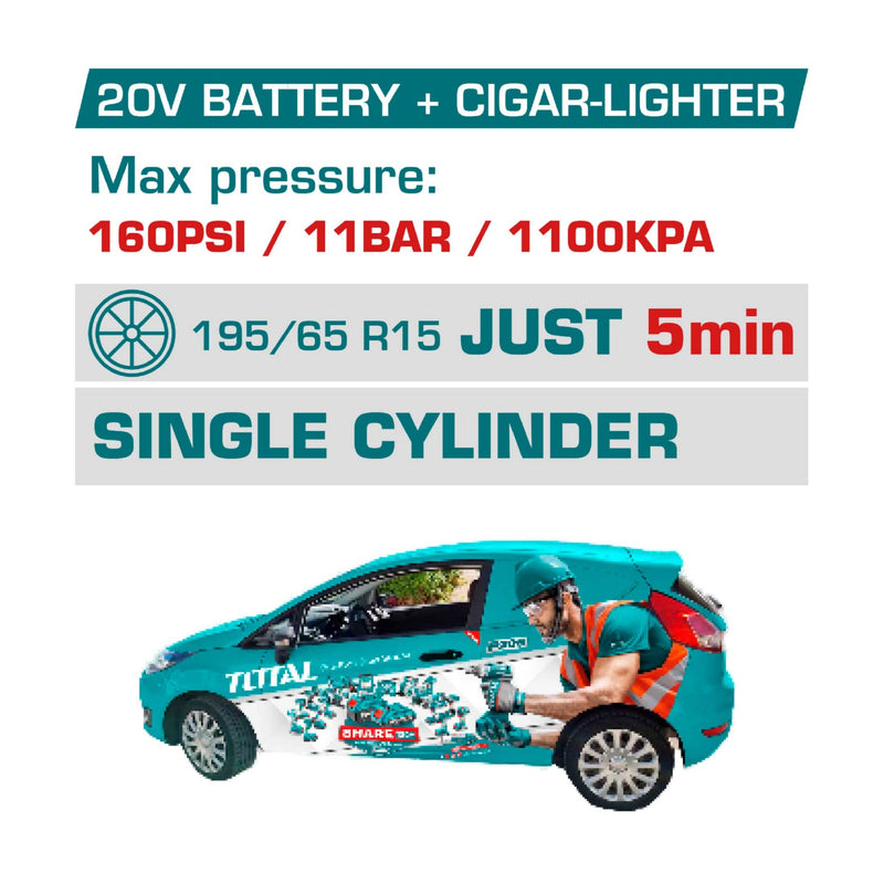 Compresor de Aire Inalámbrico Automático 20V con Luz LED, pantalla digital y Adaptadores. 160 PSI. No incluye batería ni cargador.