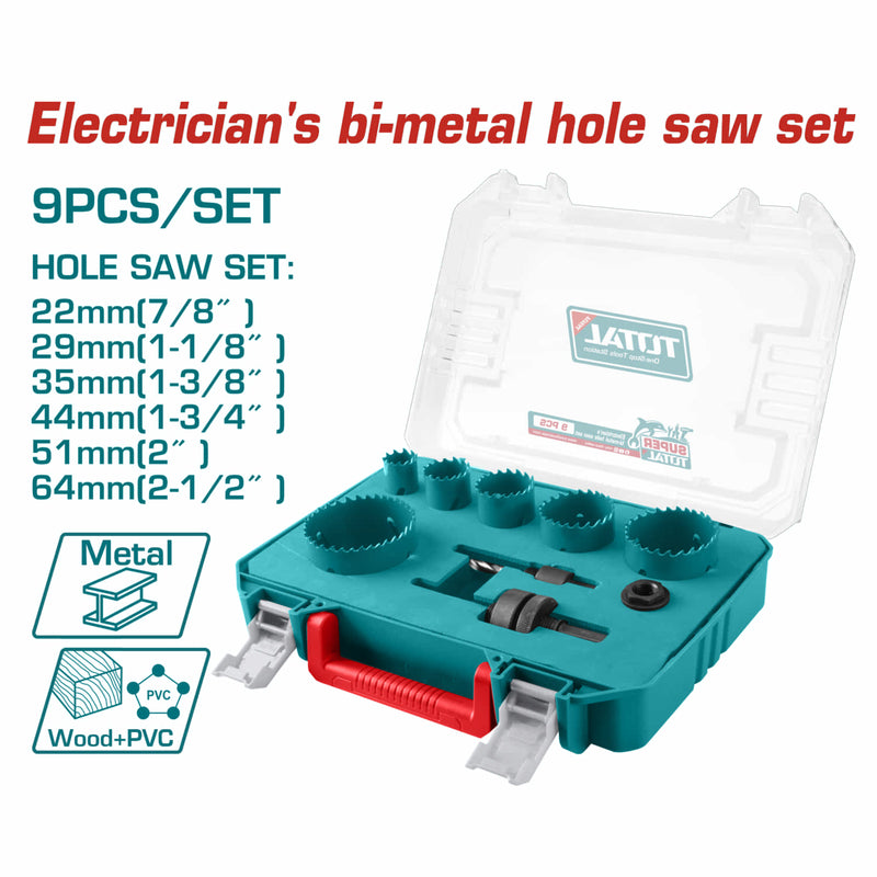 Sierras brocas cilindricas Perforadoras Bimetálicas HSS M3 Adaptadores Hexagonales y Rosca. Tamaño de 22mm a 64mm para Cortes Precisos en Metal y Madera. Set de 9 piezas.