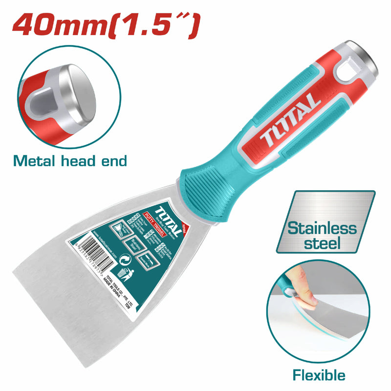 Espátula 1.5" Acero inoxidable con tratamiento térmico y pulido. Con mango de plástico y metal. Material Flexible.