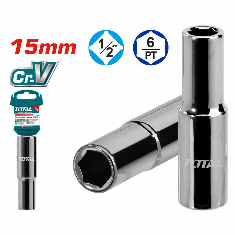 Socket Largo de 6pts Hexagonal 1/2" de 15 mm. Material: 50BV30, Tratamiento termico, niquelado negro