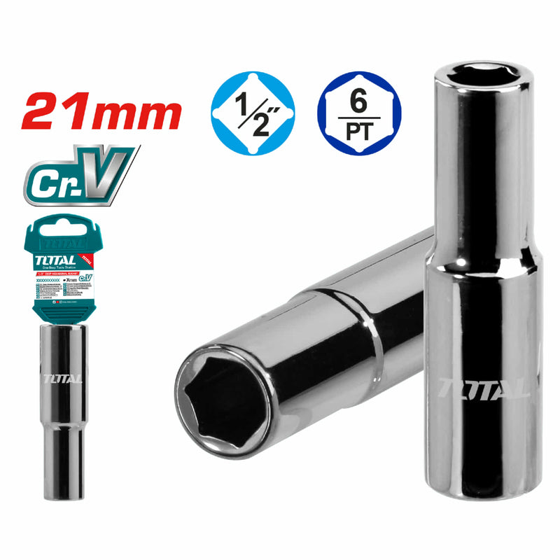Socket Largo de 6pts Hexagonal 1/2" de 21mm. Material: 50BV30, Tratamiento térmico.
