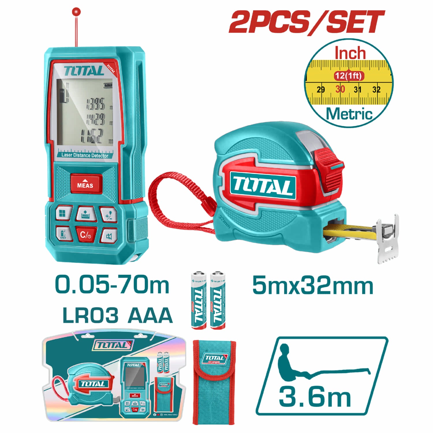 Combo Total Detector Láser de Distancia 0.05-70m ±2.0mm y Cinta Métrica 5x32mm Función autobloqueo. POCAS UNIDADES