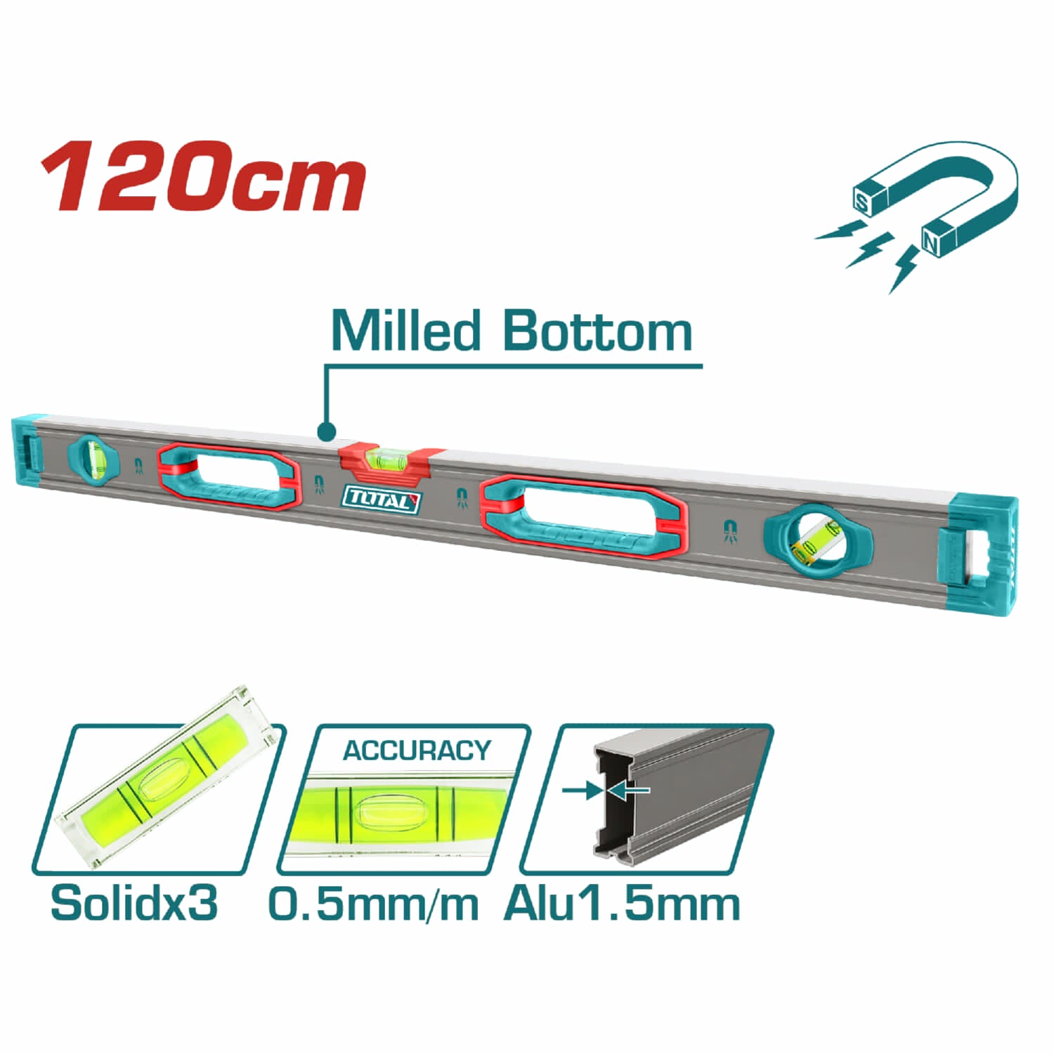 Nivel de Burbuja Magnetico de Doble Superficie Plana 120 cm. Espesor del Aluminio 1.5 mm.