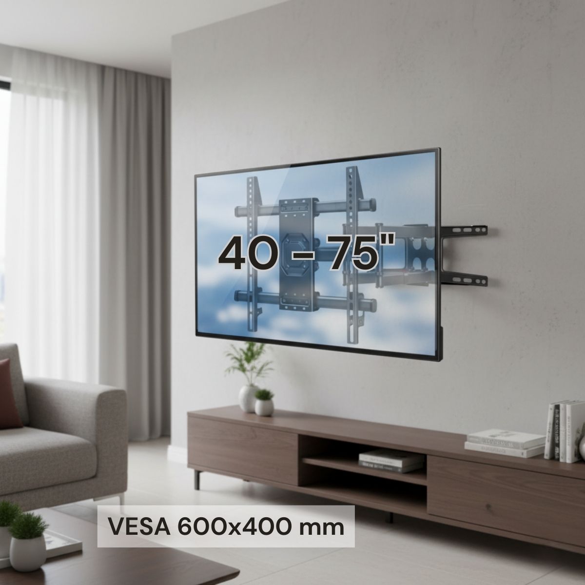 Soporte De TV De Pared Ajustable Para Pantallas 40-75” Con Ajuste de Inclinación +5° a -15° Y VESA 600x400 mm.