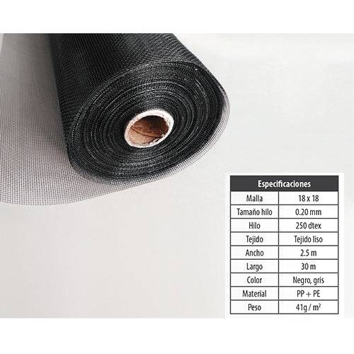 Rollo Malla Mosquitera Negra 2.5 M X 30 M. Alta Calidad. 75 M2 Anti-UV, Anti Envejecimiento Dura