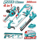 Combo del mes Total Motosierra 12" , Cortasetos Inalámbrico 2800 spm, Sopladora 144 km/h. 1800 rpm. Desmalezadora 8200rpm  Incluye cargador y baterías. POCAS UNIDADES.