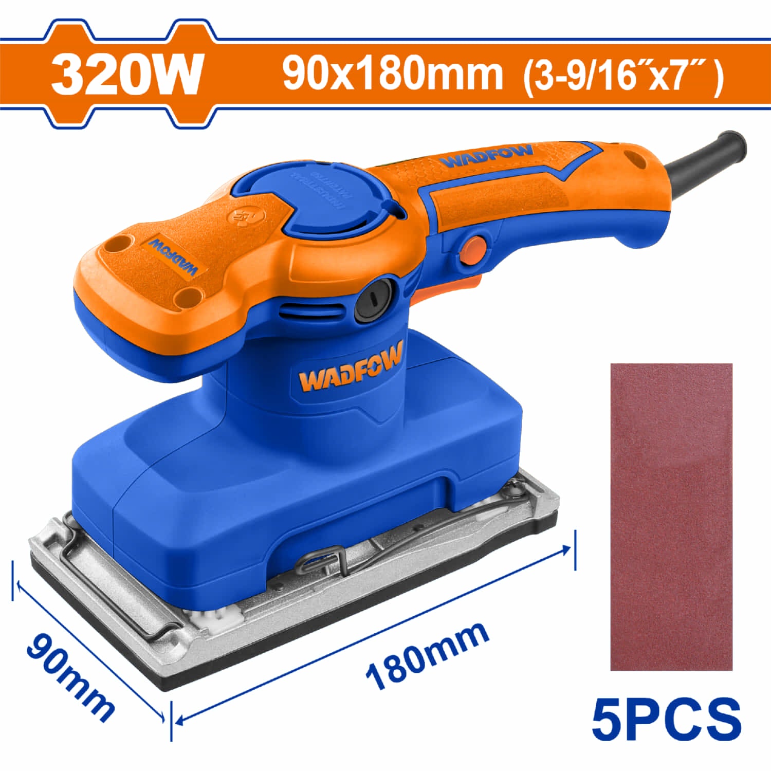 Lijadora de mano eléctrica 320W 110-120V. Velocidad sin carga 14000rpm Base de aluminio Base: 3-9/16x7". Incluye 5 hojas de papel para lijar. Lijadora para acabados.