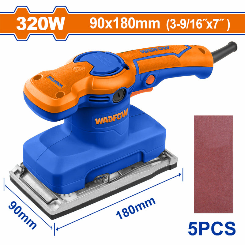 Lijadora de mano eléctrica 320W 110-120V. Velocidad sin carga 14000rpm Base de aluminio Base: 3-9/16x7". Incluye 5 hojas de papel para lijar. Lijadora para acabados.