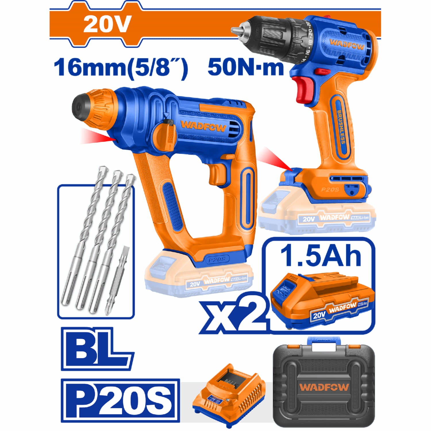 Combo Kit Combinado Inalámbrico de 2 piezas 20V 1 Taladro inalámbrico sin escobillas(UWCDP5521) 1 Martillo rotativo inalámbrico (WLM1516) POCAS UNIDADES DISPONIBLES