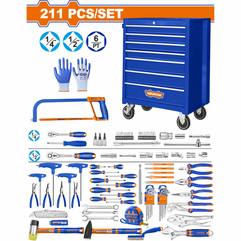 Caja de Herramientas con ruedas de 7 niveles 211 piezas con llaves trinquete dados alicates. SET trolley juego cn gavetas para mecanico