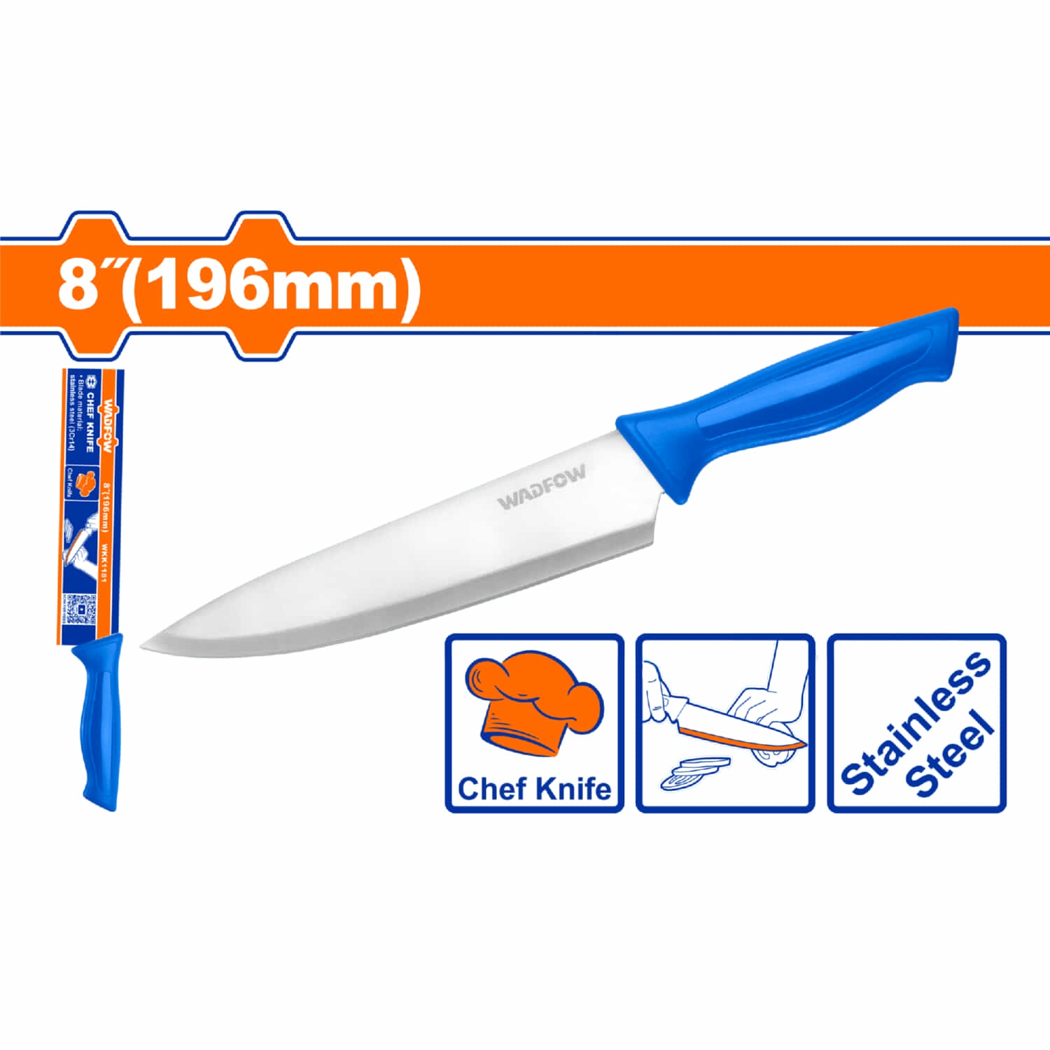 Cuchillo de Cocina Chef 8" Acero Inoxidable. Ideal para cortar, rebanar, picar, trocear.